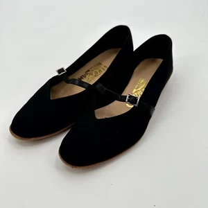 Salvatore Ferragamo Audrey Ballet Flats Womens 6B Black Suede Preppy Retro - Picture 1 of 7