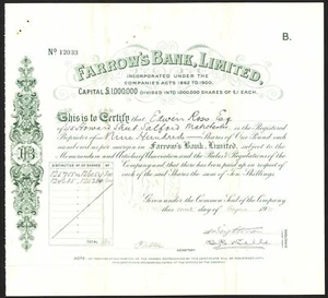 Farrow's Bank Limited, acciones de £1, 1916, verde, famoso caso de fraude - Imagen 1 de 1