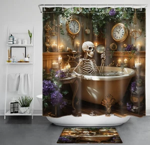 Funny Skull in Bathtub and Purple Floral Shower Curtain Bathroom Accessories Set - Picture 1 of 23