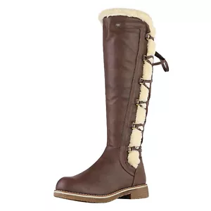 LADIES WOMENS KNEE HIGH WINTER FUR LINED FLAT LOW HEEL BIKER RIDING BOOTS SIZE - Picture 1 of 16