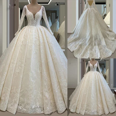 Luxury Ball Wedding Dresses V Neck Lace Applique Chapel Train A-line Bridal Gown - Image 1 of 4