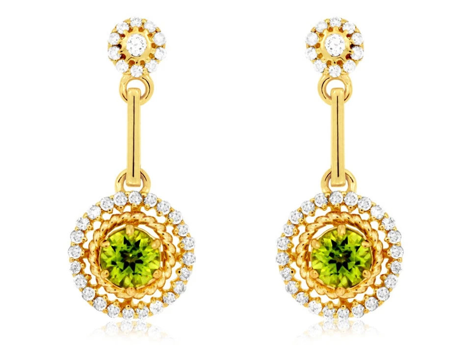 14k Yellow Gold Drop Earrings with Green Peridot & White Diamonds Halo - Image 1 of 1