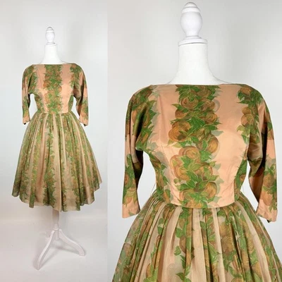 1950s Brown & Green Floral Print Cocktail Dress - Image 1 of 4