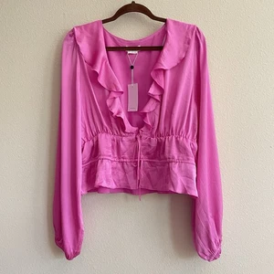 Lovers + Friends Hot Pink Ruffle Satin Long Sleeve Tie Front Top NWT Size XL - Picture 1 of 6