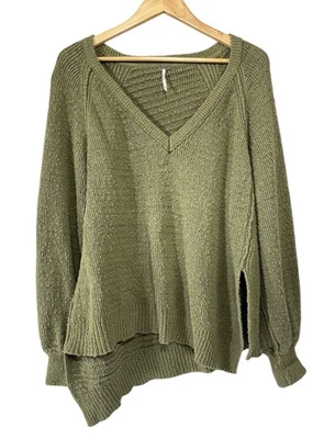 Free People West Coast Sweater Asymetrical Oversized Green Women L Boho Rustic - Image 1 of 4