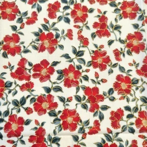 Cotton Fabric Red Flowers Green Leaves Gold Glitter Accents 18x42" Hoffman - Picture 1 of 13