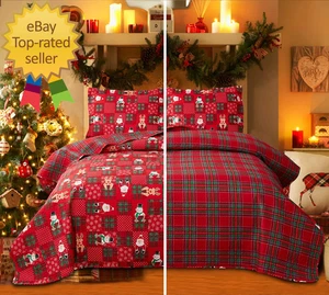 Christmas Quilt Set King Size Bedding Reversible Red Green Christmas Plaid Patch - Picture 1 of 1