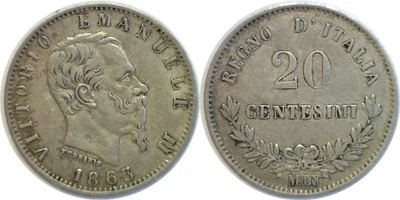 1863M BN Italy Vittorio Emanuele II 20 Centesimi KM# 13.1 Silver - Image 1 of 3