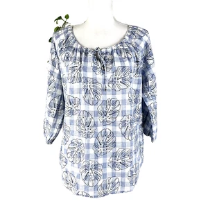 Rafaella Blouse Top Large Blue White Plaid Linen Floral Tropical Boho Tassels - Picture 1 of 10