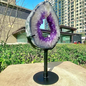 Fetta di cristallo grotta ametista naturale 7,37 libbre a forma di mezzaluna taglio a mano riparazione - Foto 1 di 17