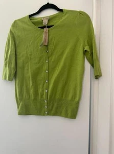 VERTICAL DESIGN 100% MERINO WOOL GREEN RHINESTONE BUTTONS CARDIGAN SIZE M - Picture 1 of 7