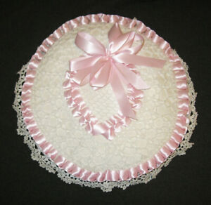 Vintage 15" Round Throw Pillow Crochet Cover Pink Satin Ribbon Handmade