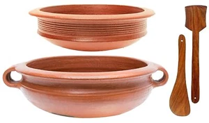 Terracotta Clay Pottery Mud Pot Earthen Handi Kadai Cooking Combo Red 2 L & 3 L - Picture 1 of 5
