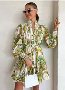 Vestido Alemais Talla AU 12 US 8 Octavia Manga Larga Corto Cinturón Paisley Resort - Imagen 1 de 12