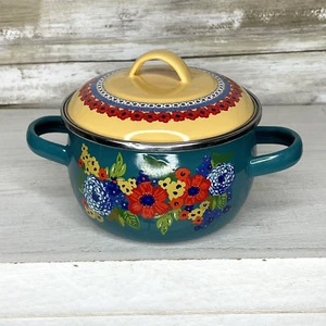 Pioneer Woman Mini Dutch Oven 2017 Teal Enamel Casserole Serving Dish Pan Floral - Picture 1 of 11