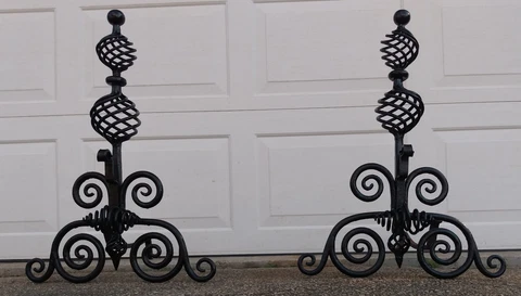 Arts and Crafts Wrought Iron Andirons Blacksmith Hand Forged Pineapple Roycroft Cover