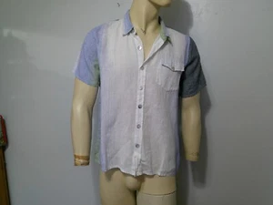 FLAX Men's Graduated Multi Shade 100% Linen Short Sleeve Button Front Shirt S - Picture 1 of 9