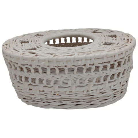 Unusual Vintage White Wicker Oval Basket Boho Country Cottage Unique Holes Atop Cover