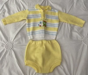 Vintage Baby Boy Cute Set Top & Bottom By Novelty Knits Yellow Train 9 M - Picture 1 of 14