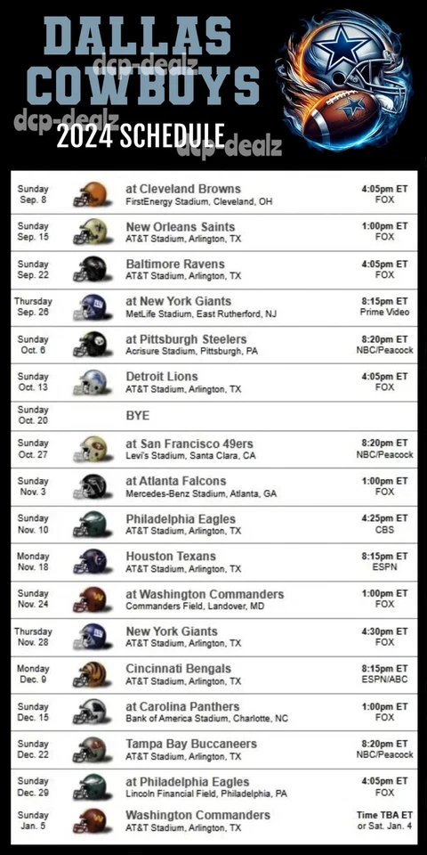 Dallas Cowboys 2024 NFL Football Schedule Refrigerator Magnet 4 by 8 inch - Image 1 of 1