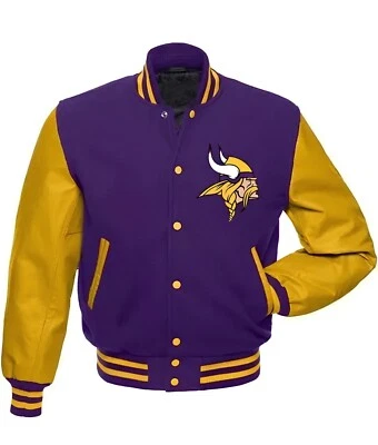 Chaqueta Letterman Minnesota Vikings Cuerpo Púrpura Cuero Dorado Chaqueta Universitaria Foto 1 de 4