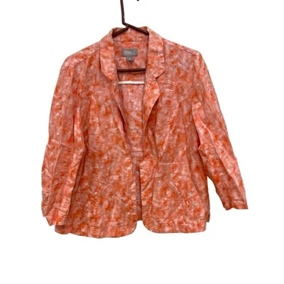 Chicos 100% Linen Open Front Blazer Jacket Orange Ruched Collar Womens 2/Large - Image 1 of 4