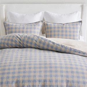 Pottery Barn Dalton Check Linen Cotton Duvet Cover Yarn Dyed Blue Tan Bedding - Picture 1 of 5