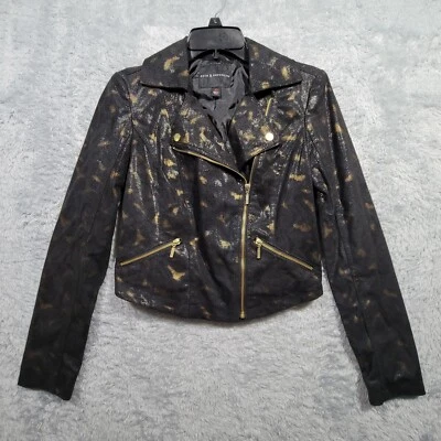 Rock & Republic Jacket Womens XS Blk Gold Faux Snakeskin Biker Cropped Zip Up - Image 1 of 4