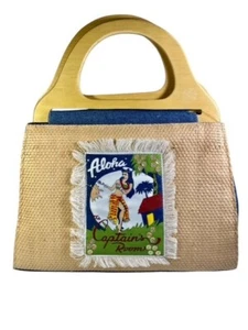 Aloha Faux Straw & Denim Purse Hawaiian Design Retro Style Wooden Handles NEW - Picture 1 of 12