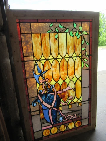 ~ ANTIQUE STAINED GLASS WINDOW ASYMETRIC ~ 30.25 X 48.5 ~ ARCHITECTURAL SALVAGE Cover