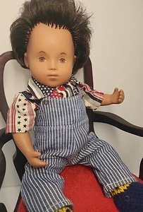 Vintage 70s Sasha Morgenthaler Artist 12" Baby Boy Doll Latino Striped Overalls - Picture 1 of 15
