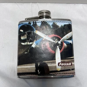 Fossil Brand Flask • 5 oz Stainless Steel With B-52 Airplane Print On Leather - Picture 1 of 4