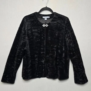 Vintage Koret Crushed Velvet Jacket Medium Black Rhinestone Brooch Closure - Picture 1 of 9