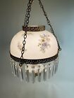 Vintage Hanging Swag Light Ceiling Fixture Milk Glass Hand Painted Shade Prisms