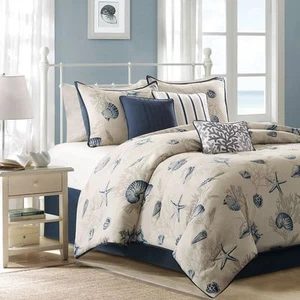 BEAUTIFUL TROPICAL BEACH COAST CORAL BLUE IVORY WHITE SHELL OCEAN COMFORTER SET - Picture 1 of 6