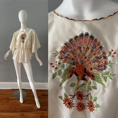 Vintage 70s Hippie Boho Embroidered Turkey Thanksgiving Top Blouse L - Image 1 of 4