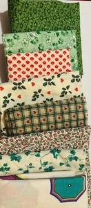 Lot of 8 Cotton Fabric Scraps & Fat Quarter Green Red Pink Floral Lot #14 - Picture 1 of 9