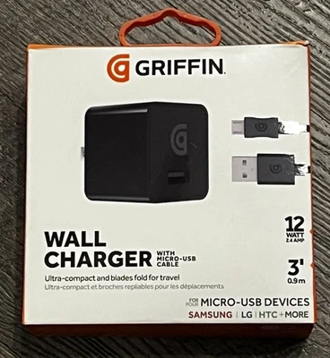 Griffin Wall Charger with Micro USB Cable Compact 12 Watt  2.4 AMP - 3 Foot Cord - Image 1 of 4