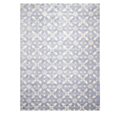 9'6'' x 12'5'' Handmade Wool & Art Silk Botanical Oriental Area Rug Blue, Ivory - Image 1 of 4