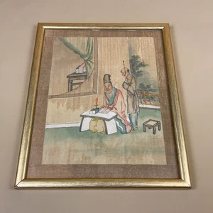 Antique Hand Painted Silk Japanese Painting Picture Oriental Silk Artwork Gold - Picture 1 of 9