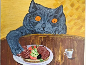 ORIGINAL Painting " FOOD BANDIT" IMPRESSIONISM COLLECTABLE British CAT UK Art - Picture 1 of 17