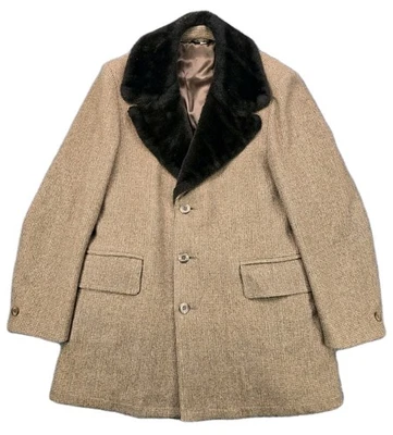 Vintage Borg Top Coat Men' 38 Wool Faux Fur Great Western Tweed Houndtooth - Image 1 of 4