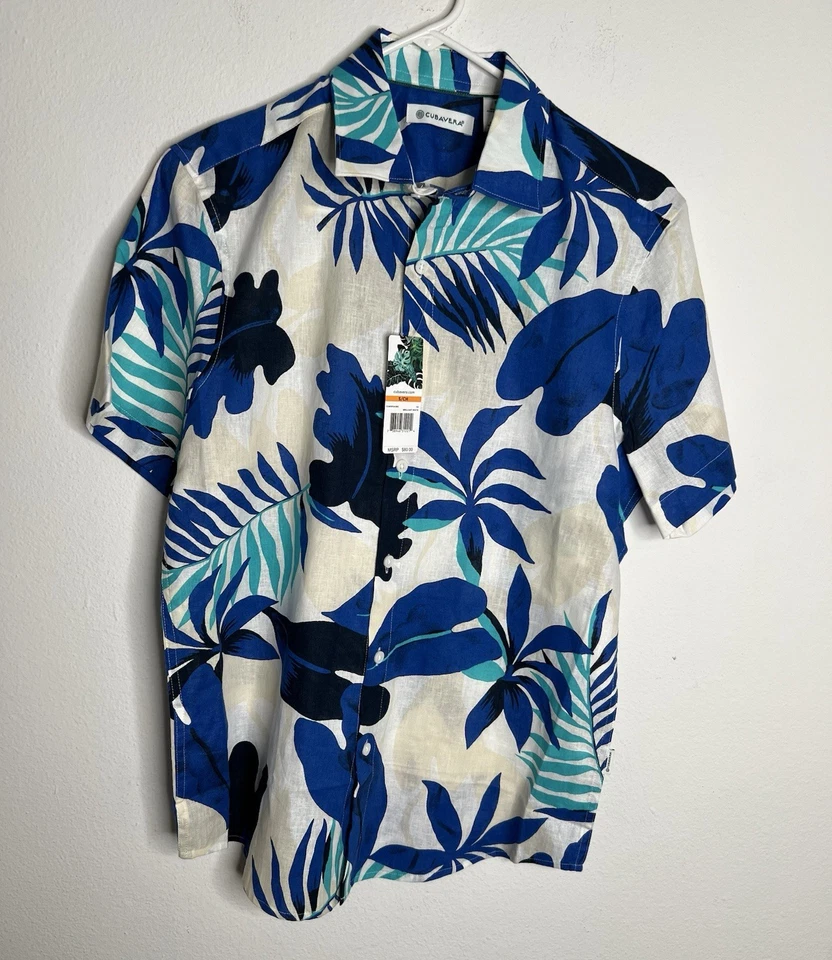 CUBAVERA Tropical Floral Print Hawaiian Linen Cotton Shirt Men’s Size S