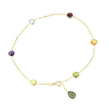 14K Yellow Gold Gemstone Anklet With A Smoky Topaz Pear Shape Drop 10.5 Inches