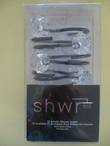 NEW shwr Set of 12 Matte Black Finish Shower Hooks w Attached Faux Crystals - Picture 1 of 6