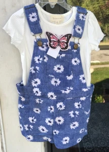 Girls Set sz 5 Btween Blue Daisy Print Overall Shortall White Top 2pc Outfit 010 - Picture 1 of 8