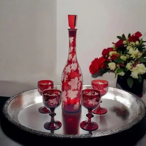 Bohemian Cranberry Red Etched Grape Leaves Glass Decanter & 4 Glasses Set - Picture 1 of 5