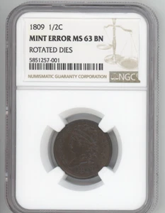 * RARE! * 1809 Half Cent, Classic Head NGC MS-63 BN ** Mint ERROR , Rotated Dies - Picture 1 of 4