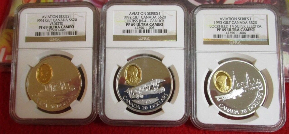 1992, 1993, 1994 - Canada $20 .925 Aviation Series #1 24KT .999 Silver NGC PF69  - Image 1 of 4
