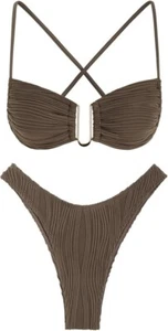 ZAFUL Textured U Metal Criss Cross High Leg Bikini Swimwear Deep Coffee Size 6/M - Picture 1 of 6